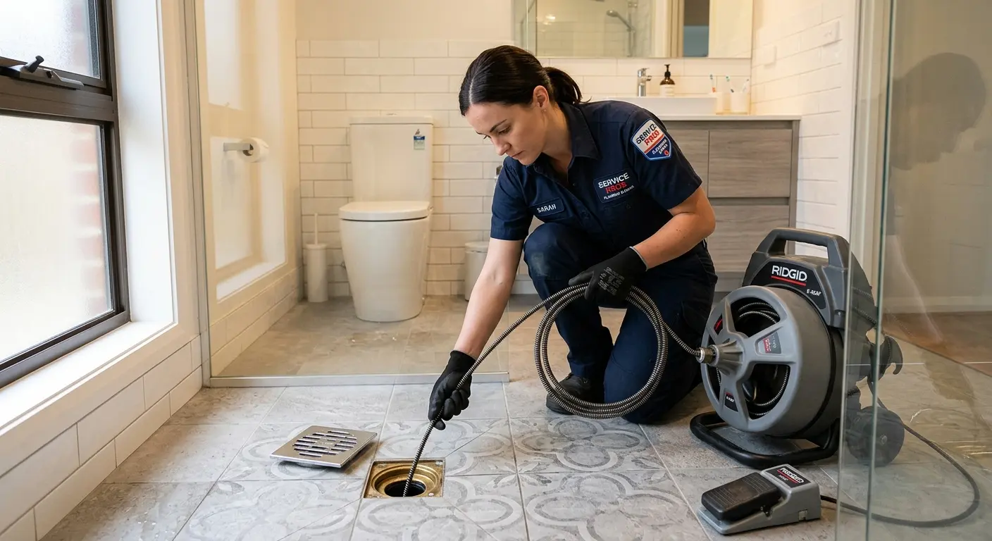 Technician clearing a bathroom floor drain for Drain Cleaning in Anaconda-Deer Lodge County